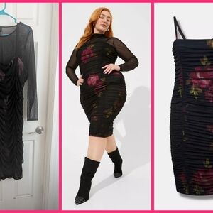 Torrid Black Floral Mesh Long Sleeve Dress